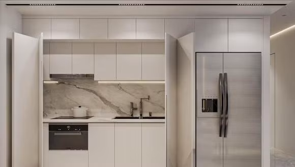 Điểm nổi bật trong phòng bếp là tủ bếp ẩn có thể mở ra - đóng vào vô cùng tiện lợi và gọn gàng.