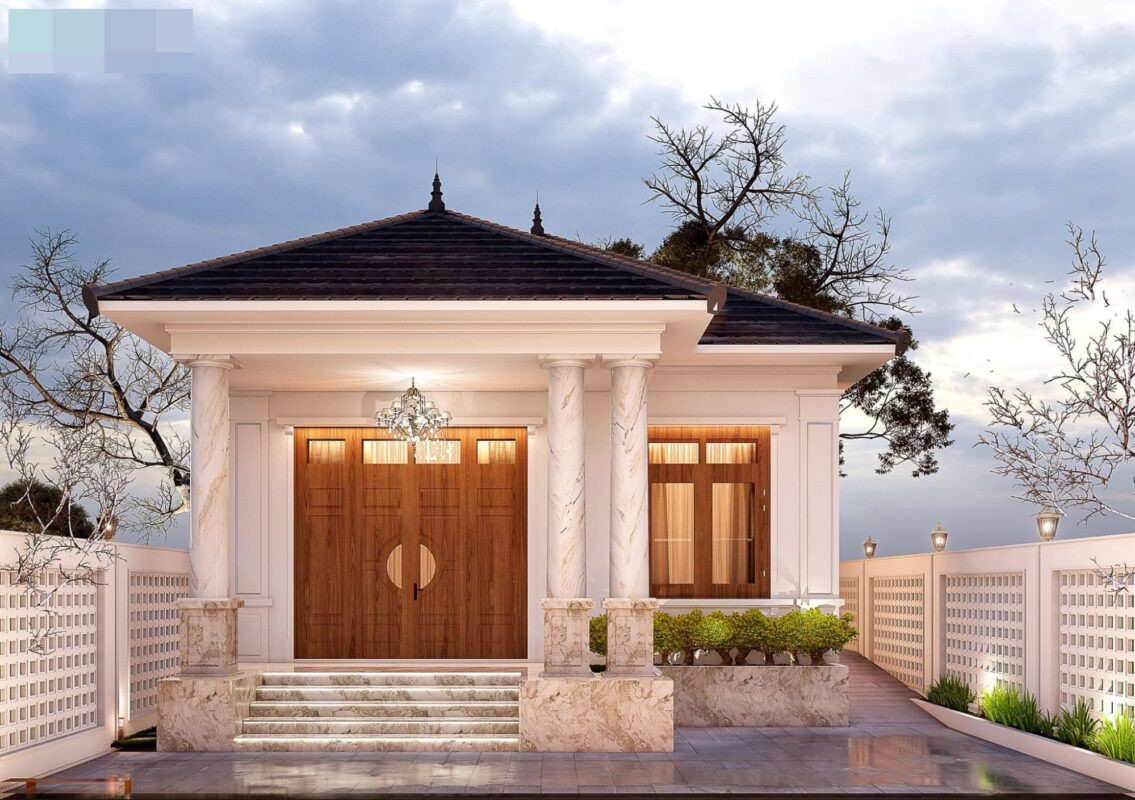 Mẫu nhà cấp 4 mang hơi hướng tân cổ điển với cột trụ tròn sáng bóng. Ảnh: Noithattugia