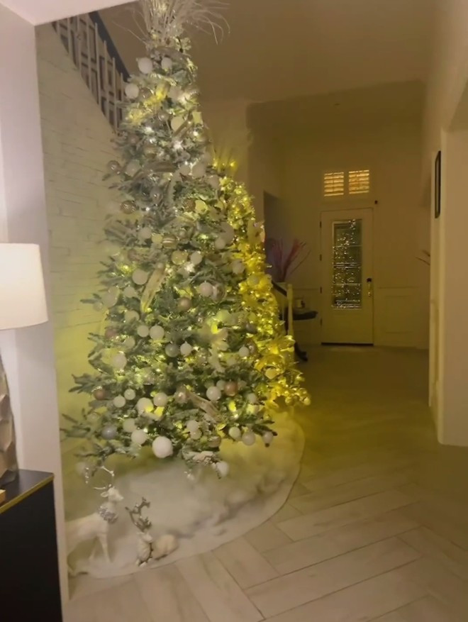 Cây thông to được trang trí bằng rất nhiều ánh đèn và quả châu bắt mắt.