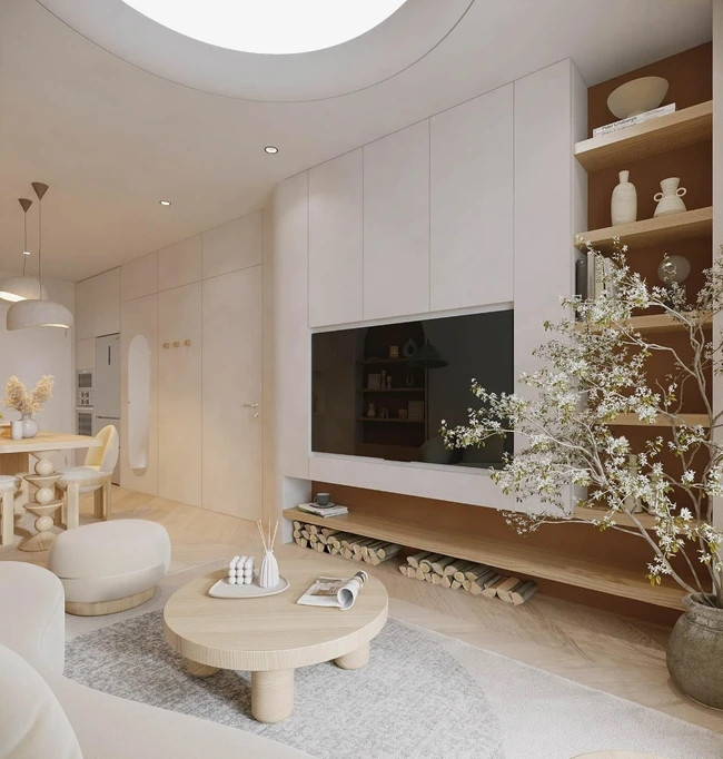 Theo loạt ảnh 3D có thể thấy căn hộ của Huyền Lizzie thiết kế hiện đại, sử dụng gam màu trung tính chủ đạo. Phòng khách với tông màu trắng, nâu nhạt, be... cùng thiết kế tối giản tạo không gian nhẹ nhàng, ấm cúng. Ảnh: FBNV