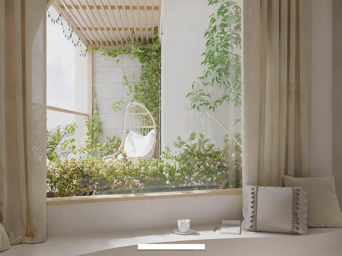 Phòng ngủ có view hướng ra góc ban công ngập cây xanh. Ảnh: FBNV