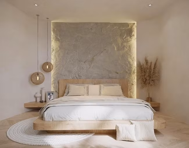 Giường đặt ở vị trí trung tâm, bài trí giống như trong các resort. Ảnh: FBNV