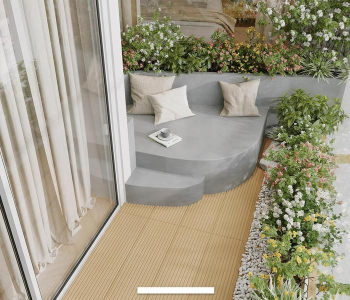 Góc lô gia xinh xắn được thiết kế thành khu vực thư giãn. Ảnh: FBNV