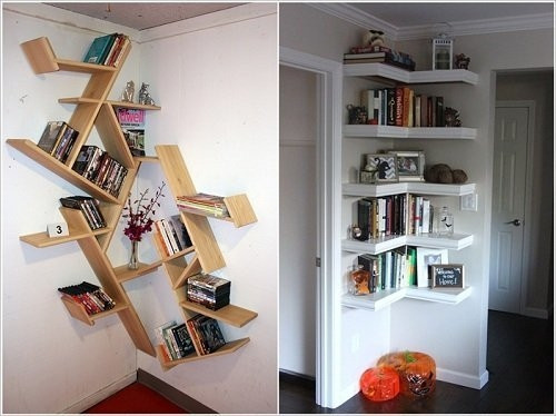 Những giá sách nhiều hình dáng, màu sắc dễ dàng biến góc tường trở thành khu vực hữu dụng.