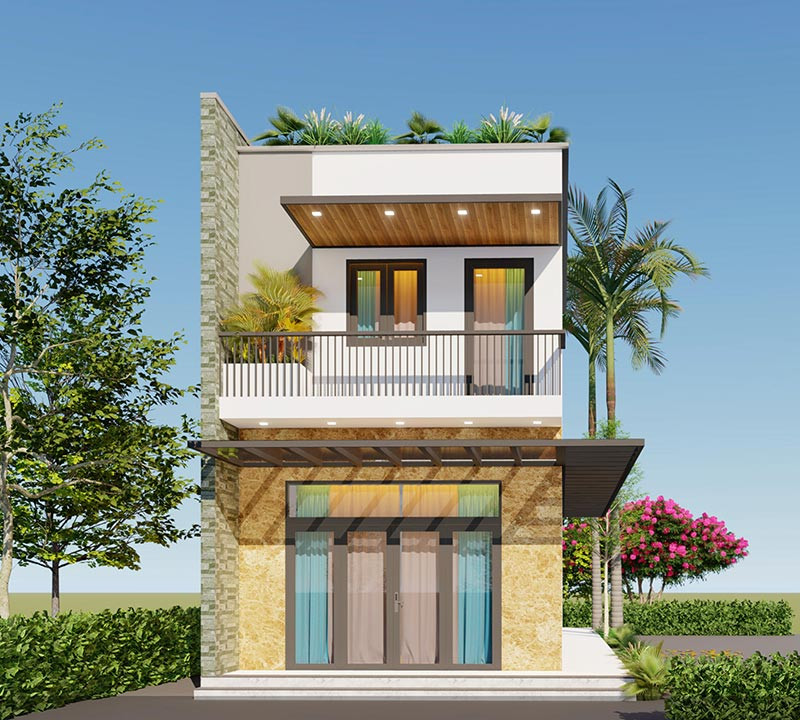 Trên nền sơn trắng chủ đạo, ngôi nhà sử dụng màu nâu gỗ làm điểm nhấn. Ban công tầng 2 là không gian thư giãn lý tưởng. Ảnh: Thietkenoithatatz