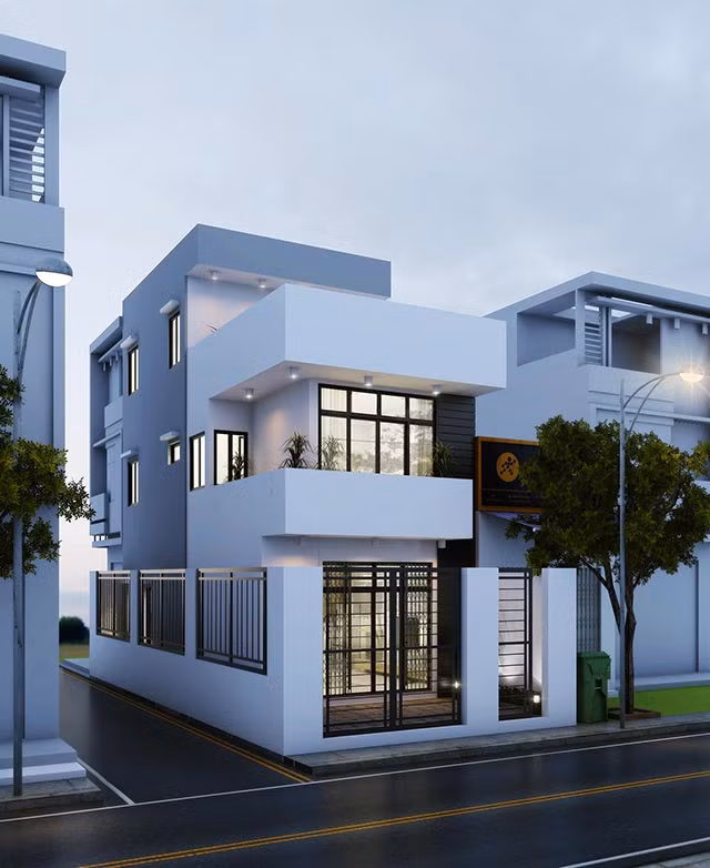 Nhà 2 tầng sử dụng gam màu sáng chủ đạo kết hợp với các hình khối vuông vắn sắc cạnh, vừa mang đến vẻ đẹp trẻ trung, năng động vừa giúp ngôi nhà trở nên thanh thoát. Ảnh: Thietkenoithatatz
