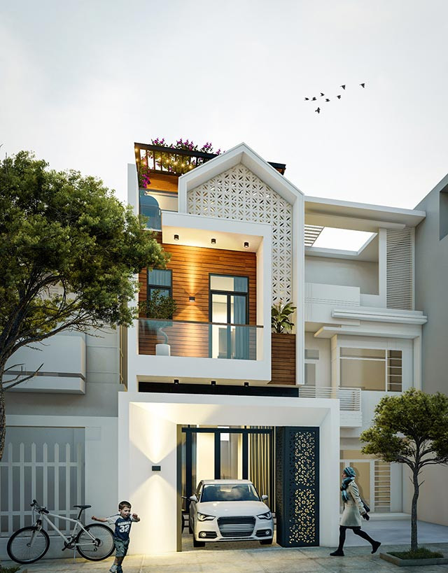 Việc sử dụng gạch bông gió ngoài mặt tiền kết hợp với gạch ốp tường màu nâu gỗ tạo nên vẻ đẹp độc đáo cho căn nhà. Ảnh: Thietkenoithatatz