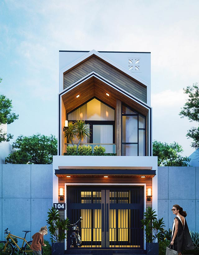 Nhà 2 tầng ốp gạch đá giả gỗ mộc mạc nhưng vô cùng tinh tế. Ảnh: Thietkenoithatatz