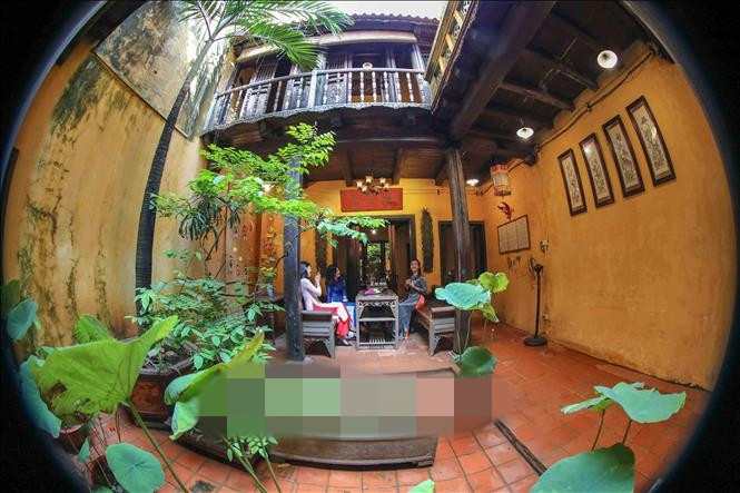 Không gian ngồi tiếp khách, thưởng trà và ngắm hoa. Ảnh: TTXVN