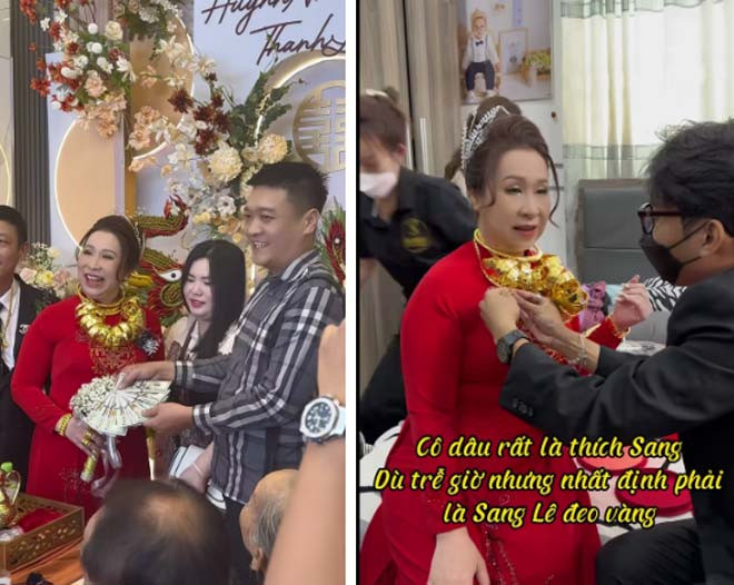 Số lắc vàng nhiều đến nỗi cô dâu phải xâu lại thành một chuỗi vòng lớn rồi đeo lên cổ. Ảnh: Facebook