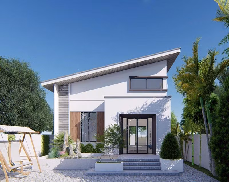 Mẫu nhà cấp 4 có tầng gác mái phô bày được kiến trúc mặt tiền ấn tượng. Ảnh: Xaydungtrangtrinoithat