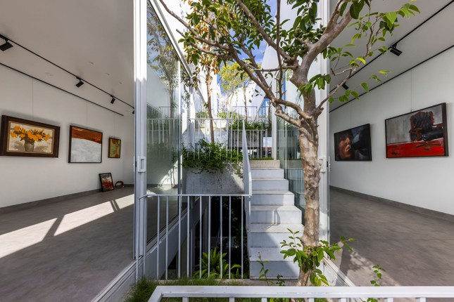 Phòng làm việc của họa sĩ và không gian trưng bày kết nối với nhau qua cầu thang ở giữa.