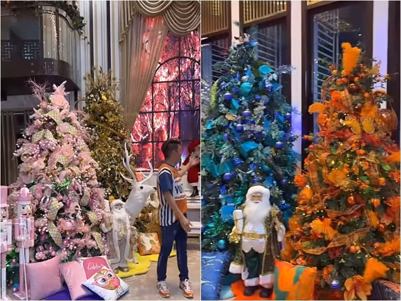 Ngoài cây thông, ca sĩ Đàm Vĩnh Hưng còn dựng ông già Noel, tuần lộc cùng nhiều quả cầu tuyết rất bắt mắt.