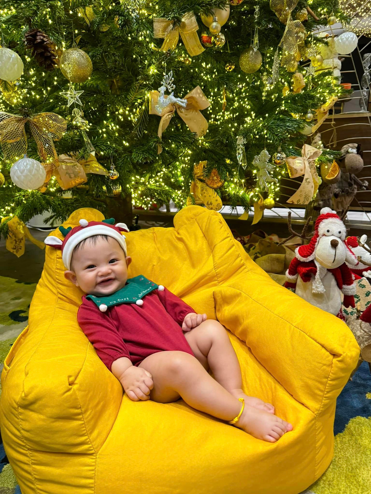 Đặc biệt, Đàm Thu Trang chọn tông xanh - vàng để trang trí cho cây thông Noel của gia đình.