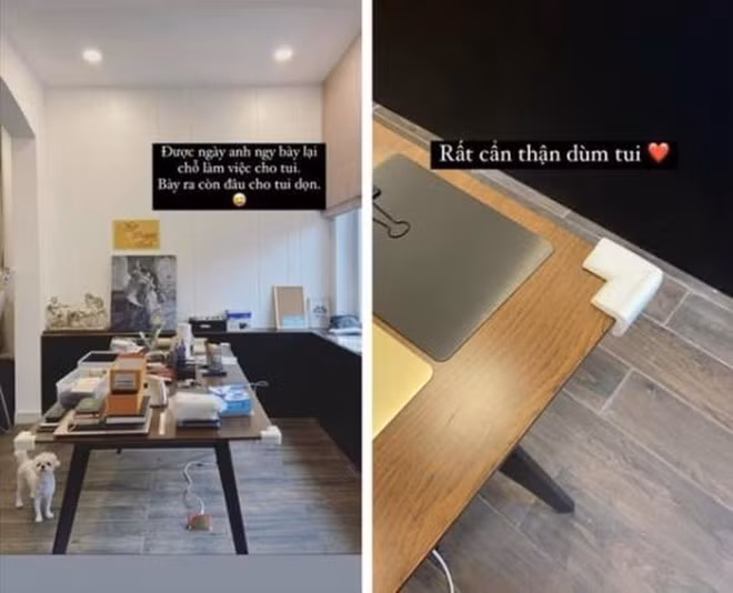 Góc làm việc của Linh Rin có bàn, tủ khá rộng.