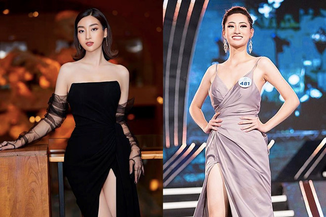 Cùng lựa chọn kiểu váy cắt xẻ táo bạo khoe vai thon, nhưng Đỗ Mỹ Linh luôn biết cách thể hiện vẻ thanh lịch bằng phụ kiện và kiểu tóc uốn vểnh. Đôi găng tay voan xuyên thấu giúp tôn lên vẻ sang trọng của người đẹp.