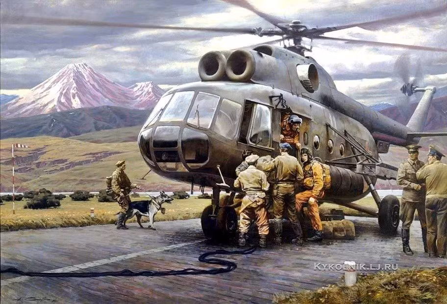 Một chiếc trực thăng Mi-8 của Quân đội Liên Xô cùng với những anh chàng lính dù đang chuẩn bị lên đường. Tác phẩm của họa sỹ Sytov Alexander Kapitonovich. Nguồn ảnh: Englishrussia.