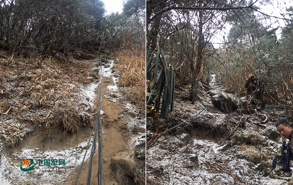 Đường độc đạo tiếp cận các đơn vị sơn cước đóng trên điểm cao, mùa khô cũng vẫn phải dùng dây vừa đi vừa leo mới lên được (ảnh trái) còn mùa mưa tuyết thực sự phải bò lên chứ không leo nổi (ảnh phải). Nguồn ảnh: 81cn.