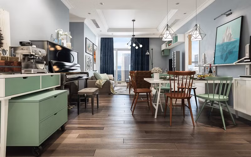 Trần thạch cao đơn giản, phô diễn trọn vẹn vẻ đẹp của những chiếc đèn hình lục giác bên dưới.