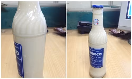 Chai sữa đậu nành Tribeco có màu lạ, vẩn đục, đóng cặn. Ảnh: GĐXH.