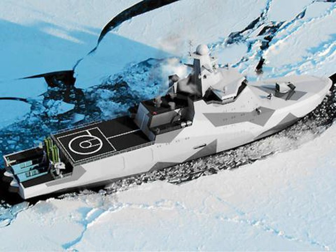 Hình ảnh đồ họa tàu phá băng chiến lược của Nga được trang bị 2 cụm ống phóng tên lửa hành trình Kalibr. Bắc Cực được nhận định có rất nhiều nguồn tài nguyên quý giá, khiến các cường quốc đua nhau để giành tầm ảnh hưởng tại đây.