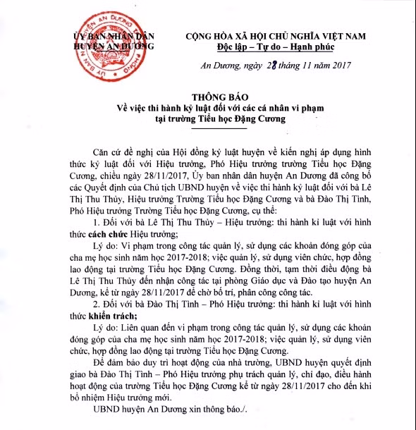 Thông báo của UBND huyện An Dương - TP Hải Phòng.