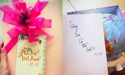 Cận kề ngày Phụ nữ Việt Nam, hội chị em háo hức chờ đợi những món quà được cánh mày râu dành tặng. Không ít người lên mạng khoe tiền bạc, điện thoại hay những chuyến du lịch sang chảnh được người bạn đời tâm lý bất ngờ mang tới. Bên cạnh đó, cũng có rất nhiều món quà cực giản dị mà lại có sức lan tỏa bất ngờ. Một trong những món quà gây sốt mạng xã hội mới được đăng tải đó chính là tấm thiệp với lời chúc ngôn tình kèm... quả địa cầu. Chàng trai viết: “Tặng em cả thế giới” và có lẽ không có một món đồ nào có thể phù hợp hơn là thế giới thu nhỏ như thế này.