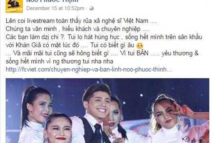 Năm 2016, sau đêm đại nhạc hội có sự góp mặt của nhóm Hàn Quốc EXID, Noo Phước Thịnh đăng status bị cho là bóng gió nói fans EXID cổ vũ thần tượng, ngó lơ ca sĩ Việt. Ảnh: VTC