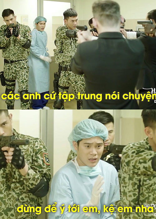 Người xem cũng cười ra nước mắt phân cảnh bác sĩ Quang sợ hãi đi qua đội đặc nhiệm HN1 và đội cảnh vệ nước Udangra đang uy hiếp lẫn nhau nhưng vẫn cố giải thích ra ngoài chỉ để lấy dụng cụ y tế.