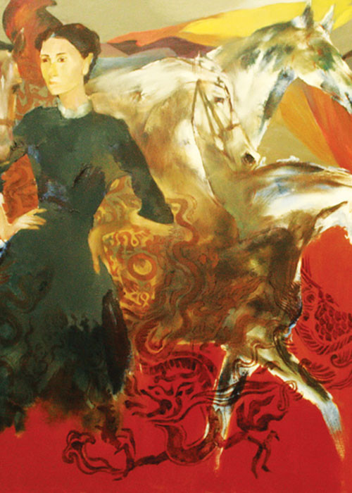 Nhiều năm qua, họa sĩ Hứa Thanh Bình có nhiều tác phẩm về con ngựa. Chia sẻ trên Lao động, ông cho hay: "Có người nói mắt ngựa tôi vẽ rất buồn. Hay có gì trong đời lậm vào tranh? Nhưng tôi chưa bao giờ bi lụy hay tuyệt vọng, thậm chí còn lạc quan tếu". Trong ảnh là bức tranh Phụ nữ và ngựa của Hứa Thanh Bình. Ảnh: Doanh nhân plus