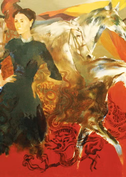 Nhiều năm qua, họa sĩ Hứa Thanh Bình có nhiều tác phẩm về con ngựa. Chia sẻ trên Lao động, ông cho hay: "Có người nói mắt ngựa tôi vẽ rất buồn. Hay có gì trong đời lậm vào tranh? Nhưng tôi chưa bao giờ bi lụy hay tuyệt vọng, thậm chí còn lạc quan tếu". Trong ảnh là bức tranh Phụ nữ và ngựa của Hứa Thanh Bình. Ảnh: Doanh nhân plus