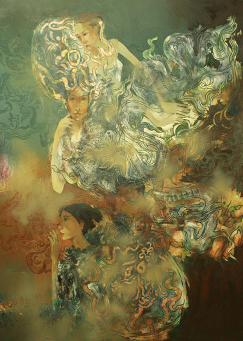 Hứa Thanh Bình cũng vẽ nhiều về người phụ nữ. Trong ảnh là bức tranh sơn dầu "Múa rồng". Ảnh: Doanh nhân plus