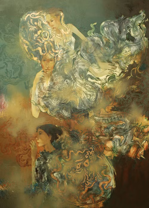 Hứa Thanh Bình cũng vẽ nhiều về người phụ nữ. Trong ảnh là bức tranh sơn dầu "Múa rồng". Ảnh: Doanh nhân plus