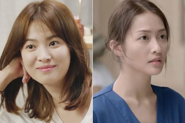 Xem phim, nhiều khán giả cho rằng Khả Ngân có lối trang điểm chưa phù hợp. Cô trông nhợt nhạt, thiếu sức sống. Trong khi ở bản gốc, Song Hye Kyo được khen vì lối trang điểm trong veo. Ảnh: Saostar