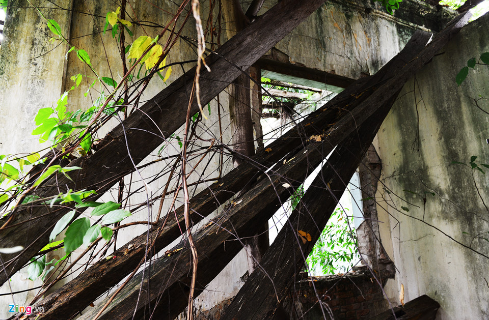 Sau khi bị yêu cầu ngưng phá dỡ, nhiều thanh xà gỗ bị bỏ gác lên những bức tường nứt nẻ hoặc chất thành đống bên trong khu đất.