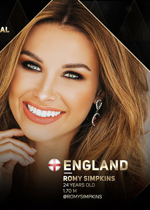 Romy Simpkins 24 tuổi, cao 1m70. Missosology xếp đại diện Anh ở vị trí thứ 6.