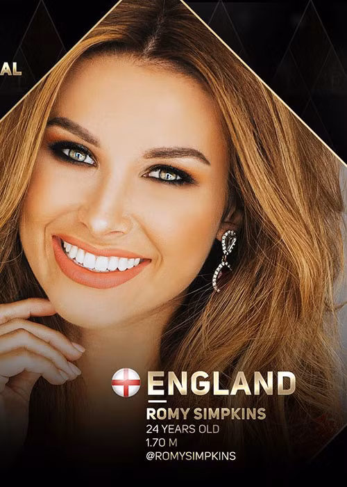 Romy Simpkins 24 tuổi, cao 1m70. Missosology xếp đại diện Anh ở vị trí thứ 6.