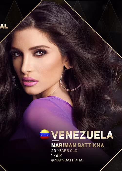 Ví trí á hậu 2 theo Missosology là Nariman Battikha. Cô đại diện Venezuela, năm nay 23 tuổi, cao 1m79.