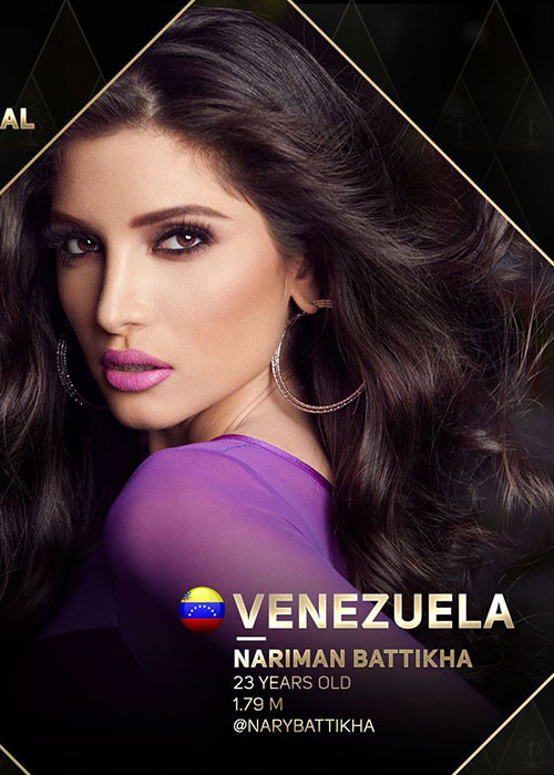 Ví trí á hậu 2 theo Missosology là Nariman Battikha. Cô đại diện Venezuela, năm nay 23 tuổi, cao 1m79.