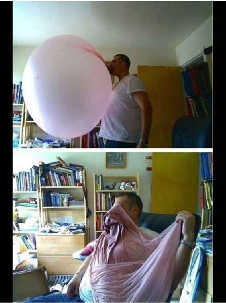 Tiết mục thổi bóng kẹo cao su to kỷ lục bỗng chốc biến thành tiết mục dọn dẹp mớ bùng nhùng. Ảnh: 9gag.