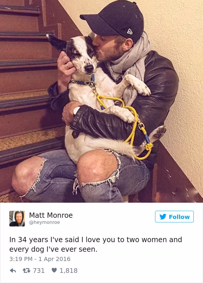 Một anh chàng yêu chó hơn cả yêu... phụ nữ với dòng Twitter: "Cả đời tôi chỉ dành tình yêu cho 2 người phụ nữ nhưng tôi sẵn sàng yêu bất cứ chú chó nào mà tôi gặp". Ảnh: Bored.