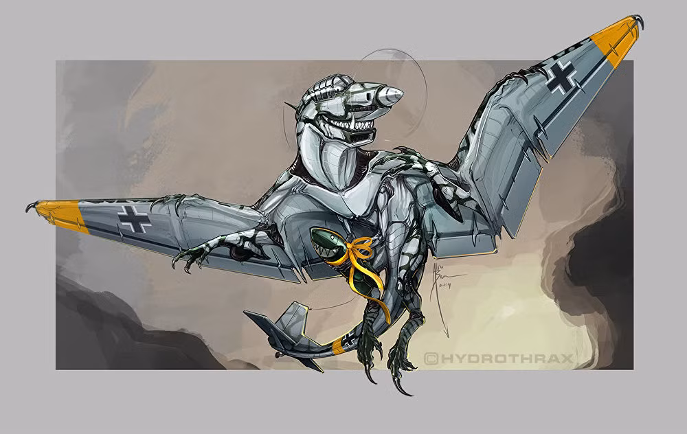 Quái vật được nhân cách hóa từ chiến đấu cơ Ju-87 của Đức với một quả bom mang phong cách "cá mập". Nguồn ảnh: Sputnik.