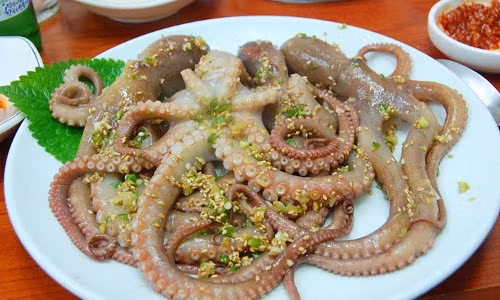 Bạch tuộc sống Sannakji, Hàn Quốc. Thực khách dùng món này khi các xúc tu con vật vẫn còn cử động trên đĩa. Tuy nhiên, món ăn này cũng khiến một lượng người Hàn Quốc tử vong mỗi năm. Nguyên nhân là các xúc tu dính vào miệng và cổ họng có thể khiến họ bị ngạt thở đến chết. Ảnh: nhatrangdulich