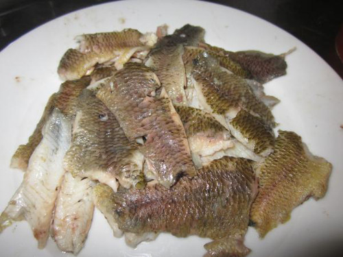 Cá chín vớt ra để nguội, bóc lấy thịt, rút hết xương sao cho thịt cá vẫn còn nguyên miếng không bị vỡ để khi làm xôi thịt cá không nát. Ảnh: Mygaohuongviet