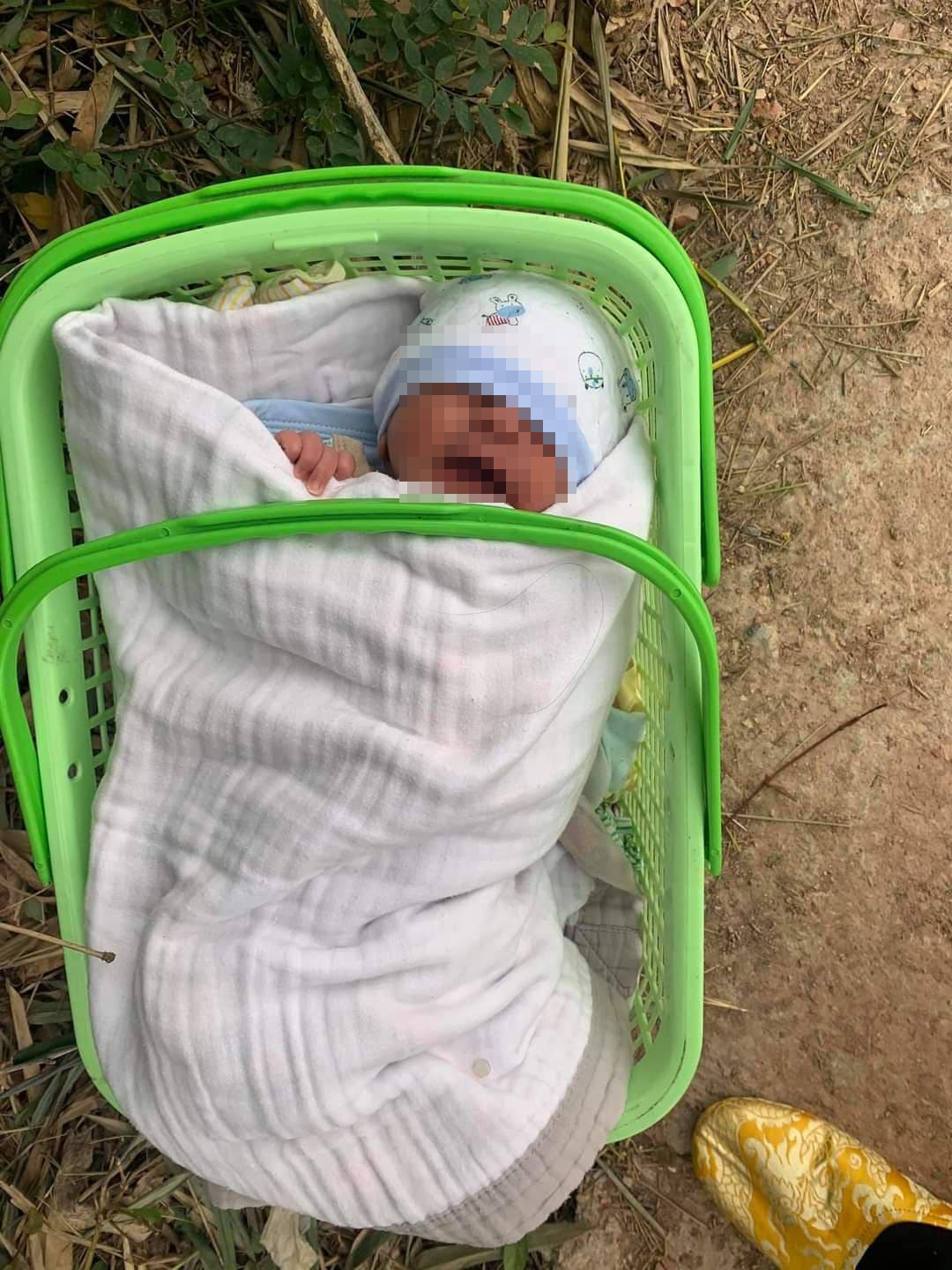 Khi tiến hành kiểm tra, người dân phát hiện một chiếc làn nhựa bên trong có một bé trai mới sinh được ít ngày được để ở gần cổng chùa Khánh Long trong thời tiết giá rét. 