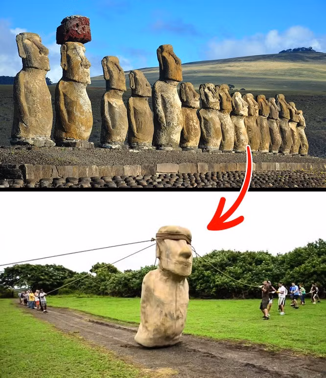 2. Bức tượng khổng lồ từ Đảo Phục Sinh: Bí ẩn: Trong gần 300 năm, các nhà sử học và các nhà khảo cổ đã cố gắng để hiểu làm thế nào người dân từ một hòn đảo không có bất kỳ công cụ nào có thể khắc lên các tảng đá khổng lồ nặng tới 82 tấn, di chuyển và đặt chúng đứng trên đảo. Trả lời: Những bức tượng cổ khổng lồ không được xây dựng bởi các pháp sư như những lời truyền miệng. Chúng được chạm khắc bằng đá và di chuyển từ hòn đảo này sang hòn đảo khác. Một đoạn video của National Geographic cho thấy việc di chuyển một bức tượng 90 tấn vài dặm sử dụng công cụ đơn giản và một nhóm người là điều hoàn toàn khả thi.