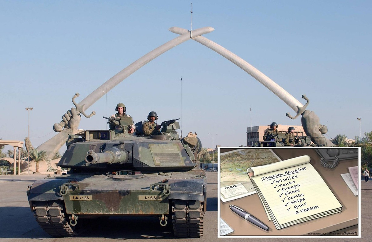 Nhưng thực tế trong các cuộc chiến tranh cục bộ gần đây, vũ khí tiên tiến của phương Tây chỉ có thể đánh bại các lực lượng vũ trang có trang bị lạc hậu, quân số tương đối nhỏ, chứ chưa bao giờ chứng minh được trước Quân đội Nga (Ảnh xe tăng Mỹ tiến vào thủ đô Bagdad của Iraq năm 2023).