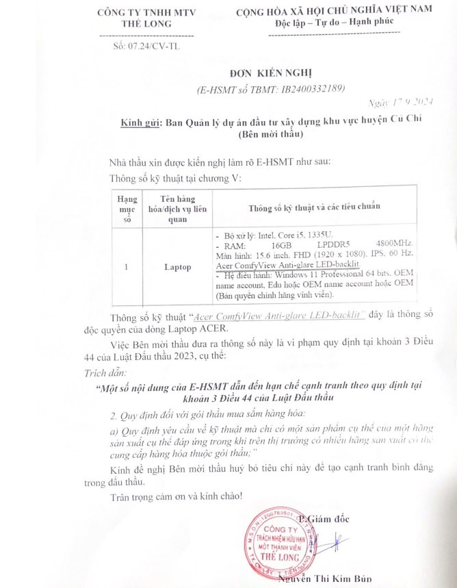 Goi thau thiet bi hon 1 ty dong tai Cu Chi: E-HSMT lam kho nha thau?