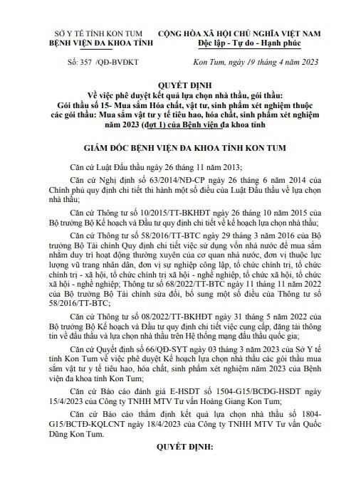 Cty An Loc Phu 1 nam trung 27 goi thau tai BVDK Kon Tum