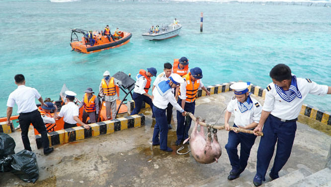 Thực phẩm "tươi sống" được vận chuyển ra Trường Sa Lớn, đảm bảo binh lính và người dân trên đảo sẽ có một cái Tết trọn vẹn nhất. Nguồn ảnh: QDND.